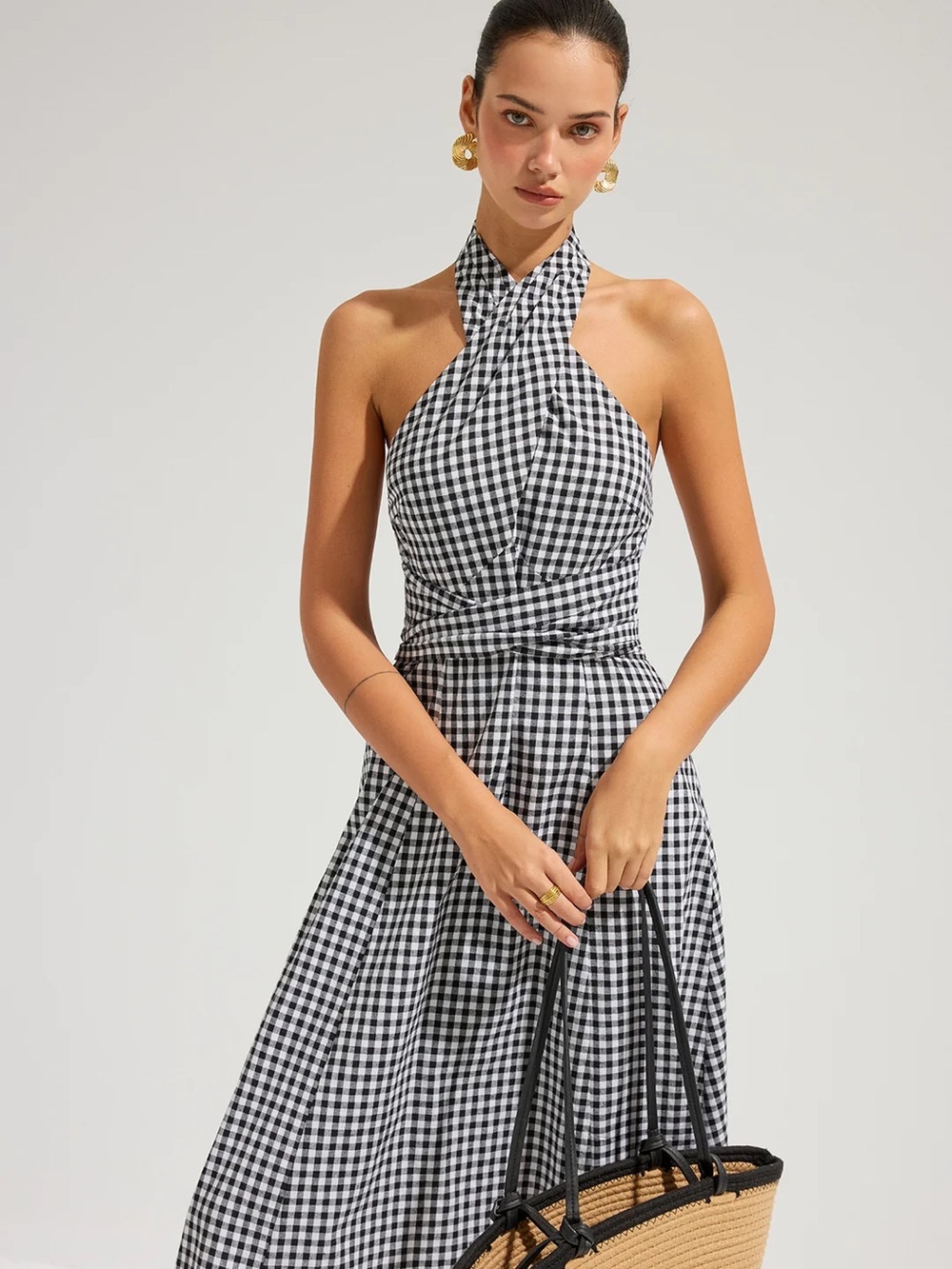 Commense Black and White Gingham Halter Maxi Dress